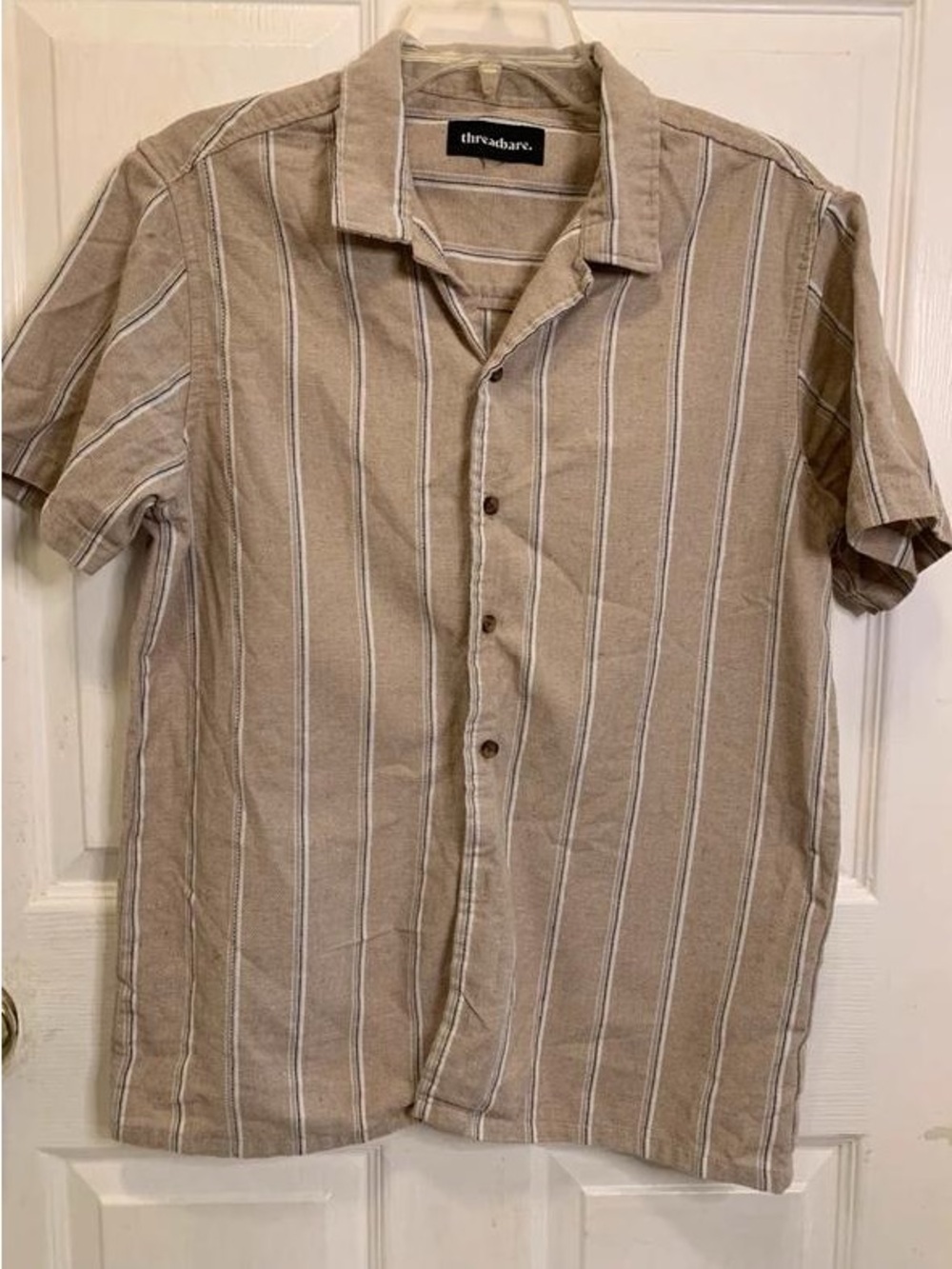 thre.abr. Beige Striped Short-Sleeve Button-Down Shirt